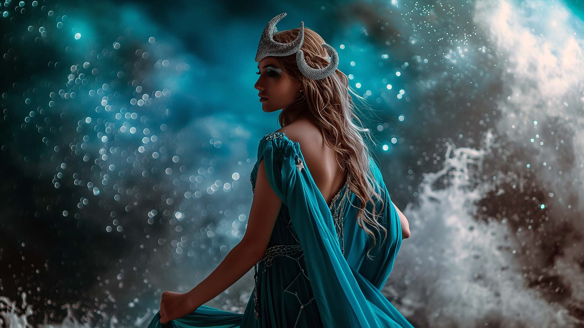 戴角飾的女性在波浪前，藍色背景