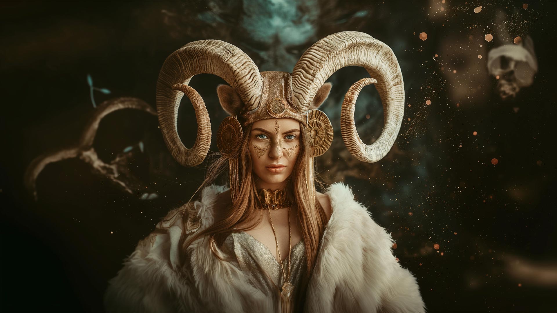 女性戴羊角头饰艺术照