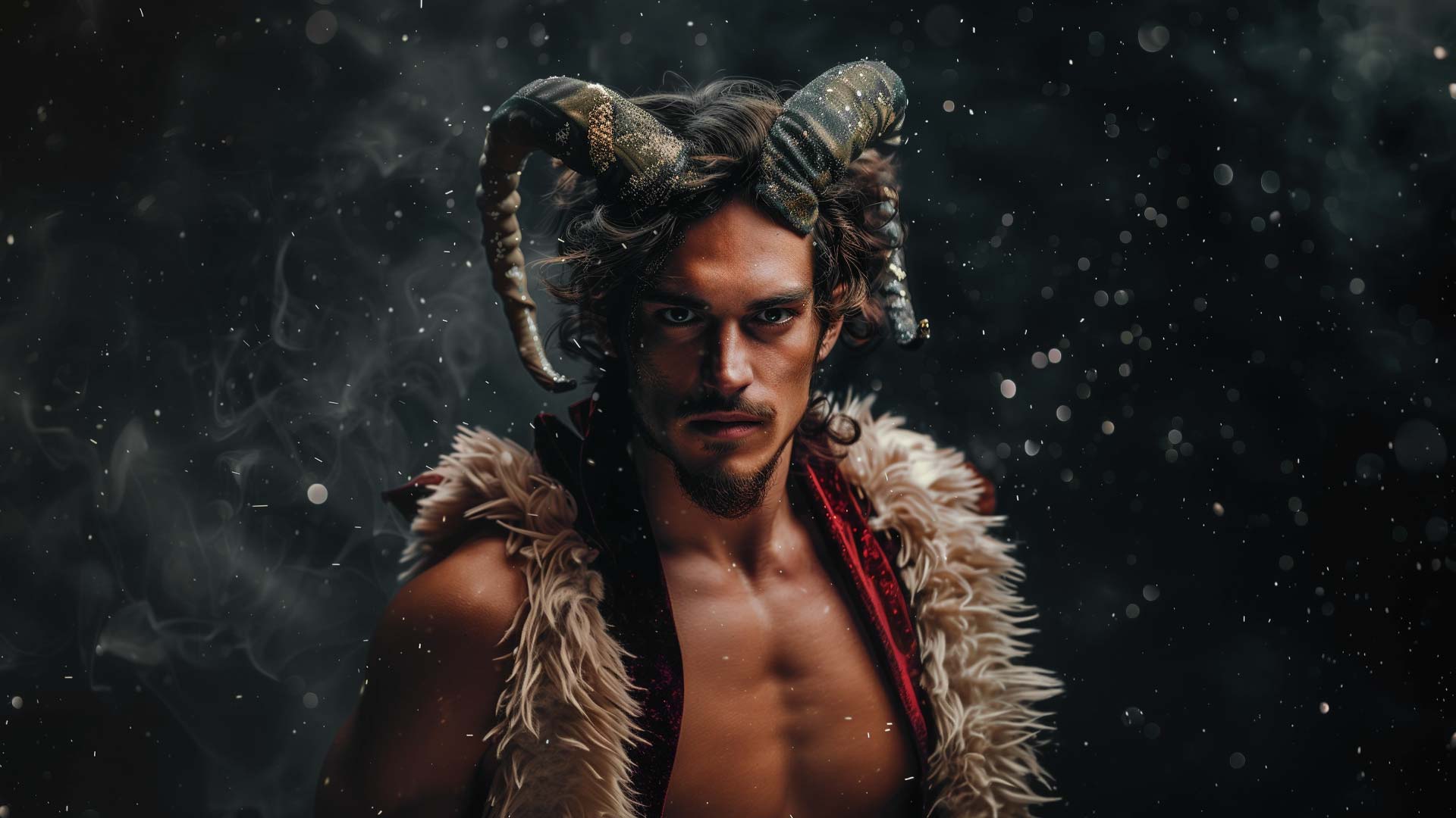 戴鹿角的男性在黑暗背景中站立