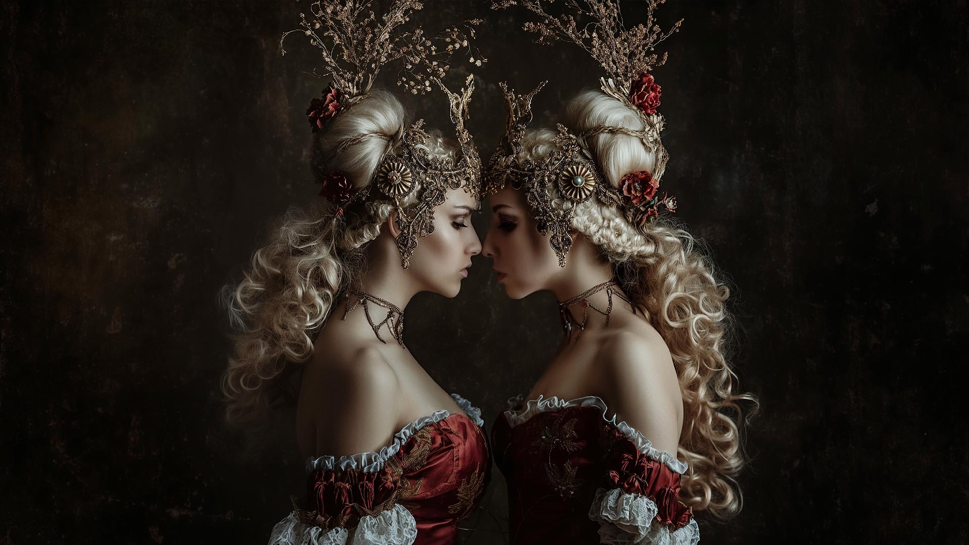 兩名穿著華麗古裝的女性互視