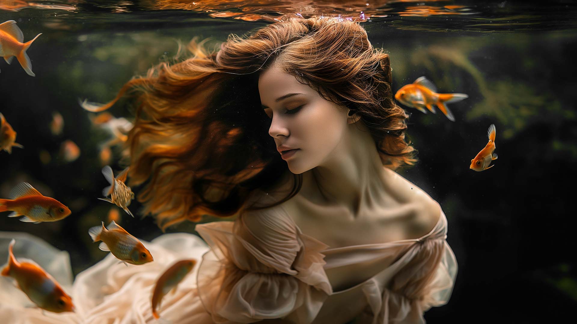 水中女子與金魚共舞