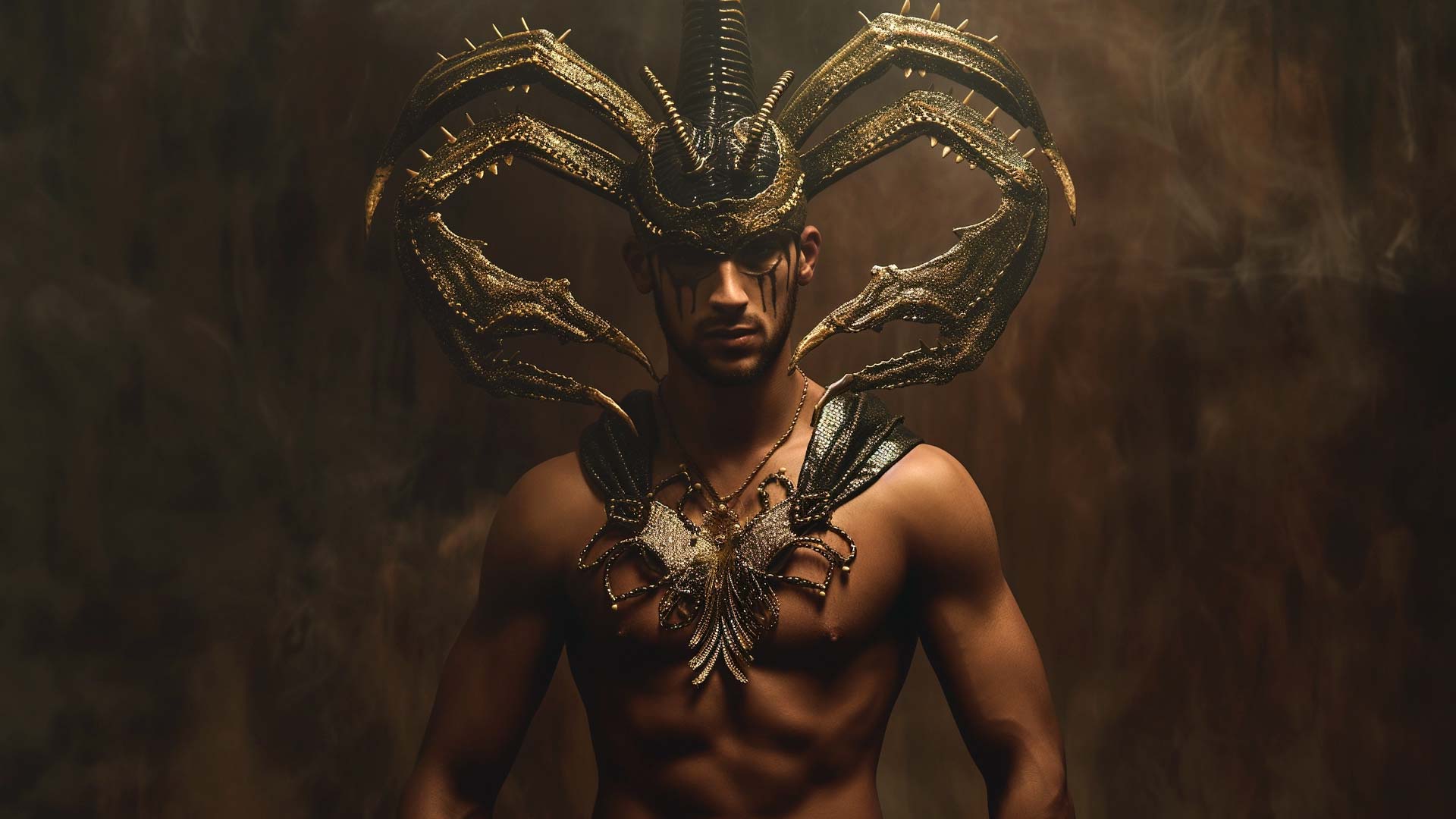 穿戴神秘角形头饰的男子